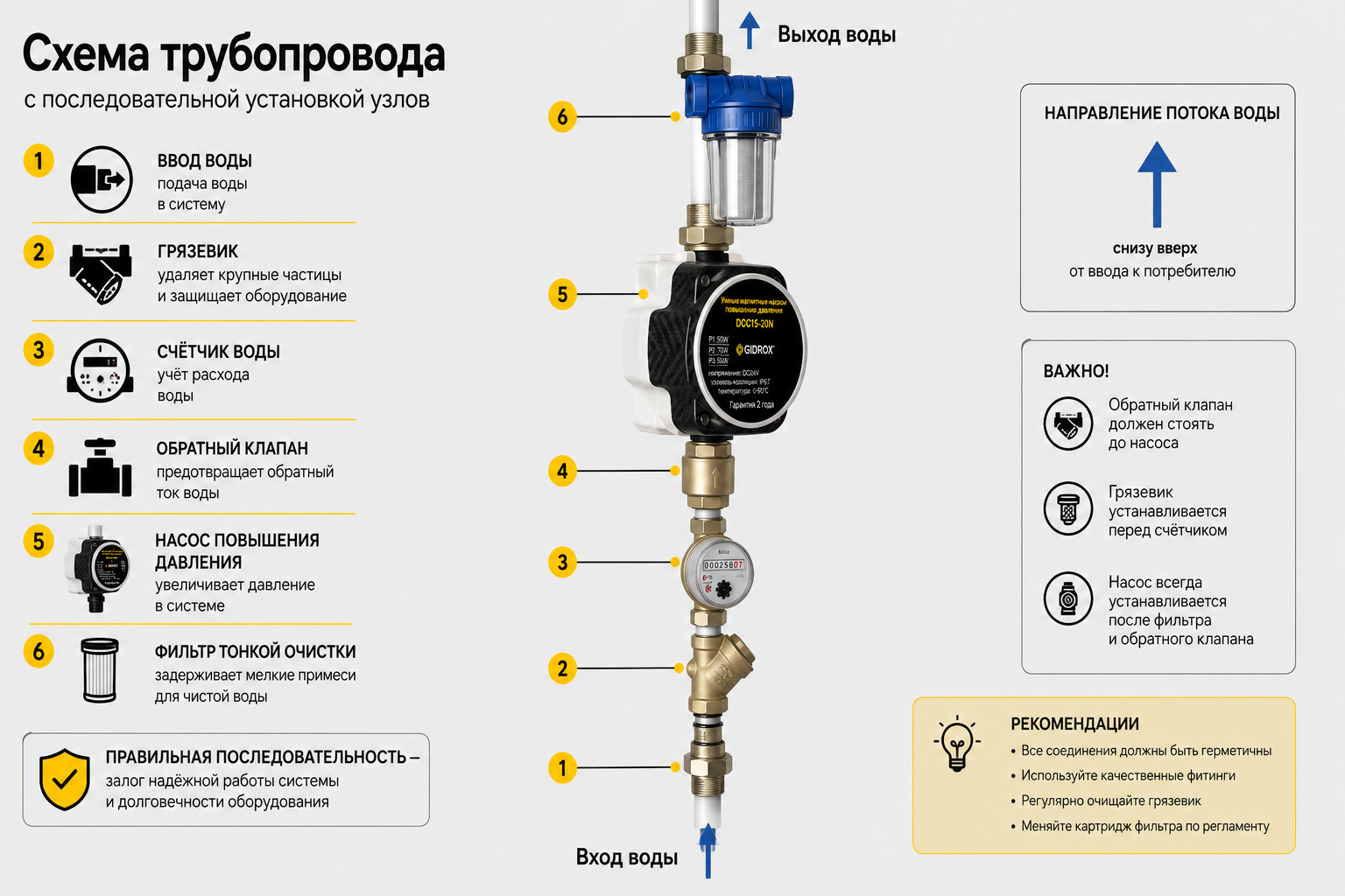 Схема трубопровода с последовательной установкой узлов: ввод, грязевик, счётчик, обратный клапан, насос, фильтр тонкой очистки — с подписанными стрелками направления воды.