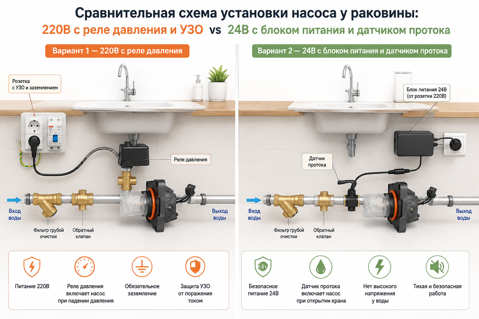 сравнительная схема установки насоса у раковины: слева вариант на 220В с реле давления, розеткой с УЗО и заземлением, справа вариант на 24В с блоком питания и датчиком протока