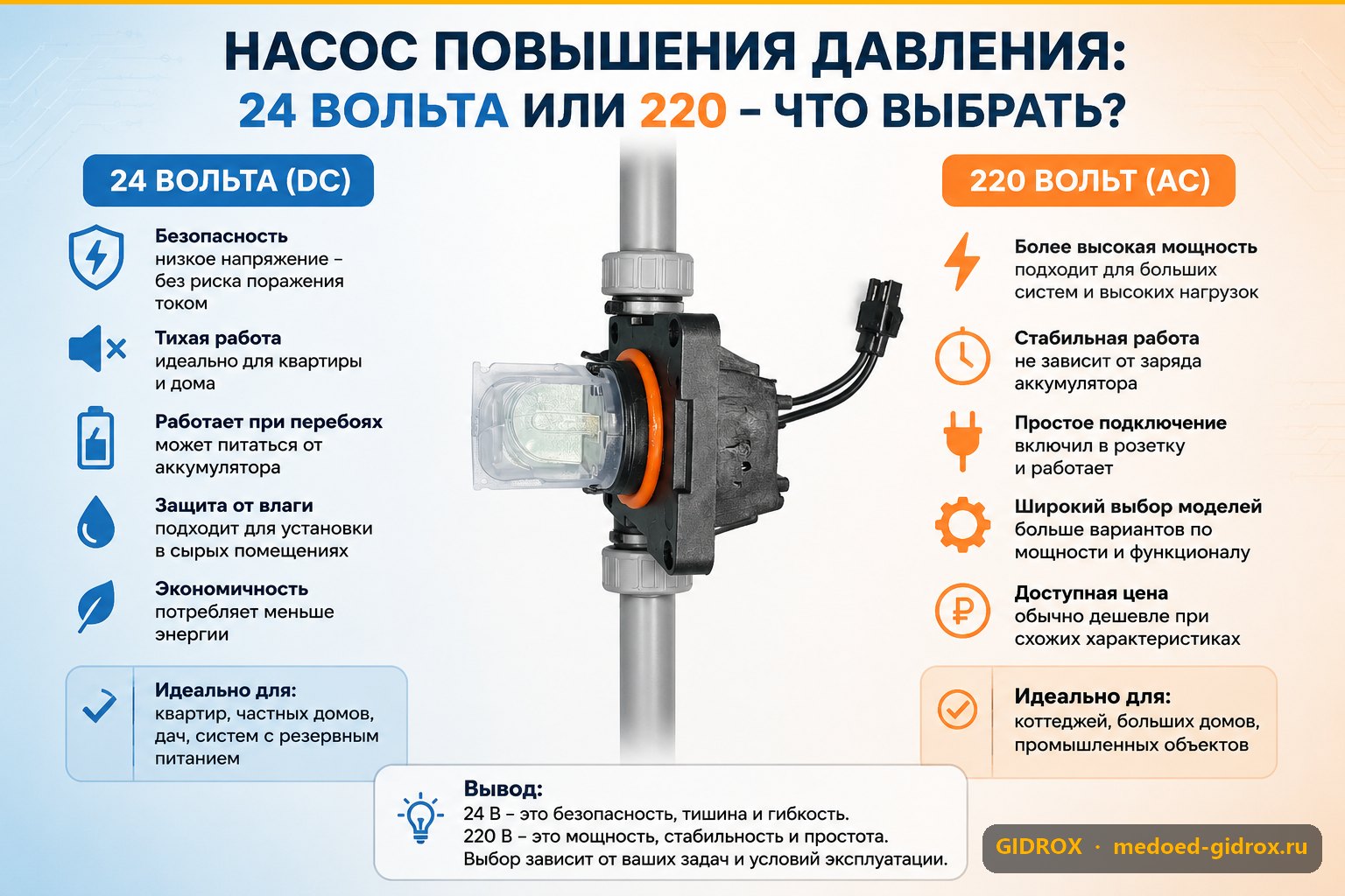 Насос повышения давления: 24 вольта или 220 - что выбрать