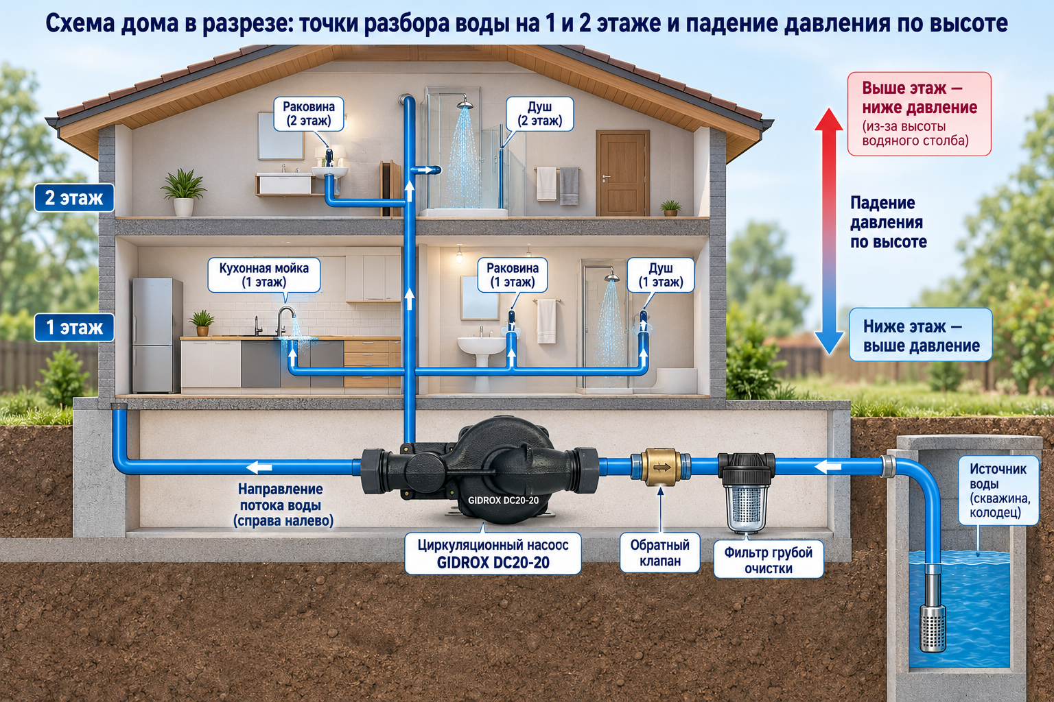 Схема дома в разрезе с указанием точек разбора воды на первом и втором этаже и стрелками падения давления по высоте