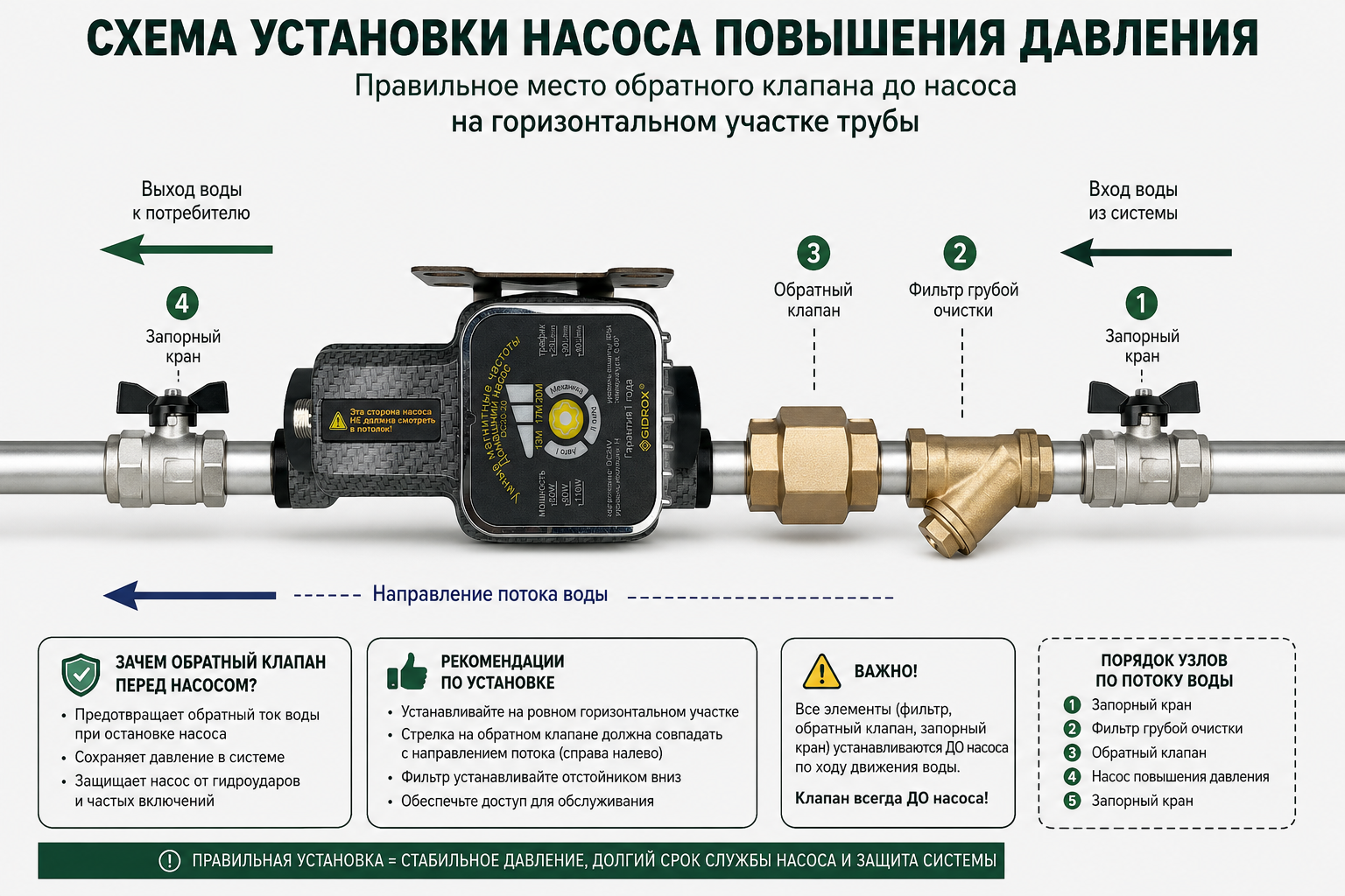 схема установки насоса повышения давления с указанием правильного места обратного клапана до насоса на горизонтальном участке трубы
