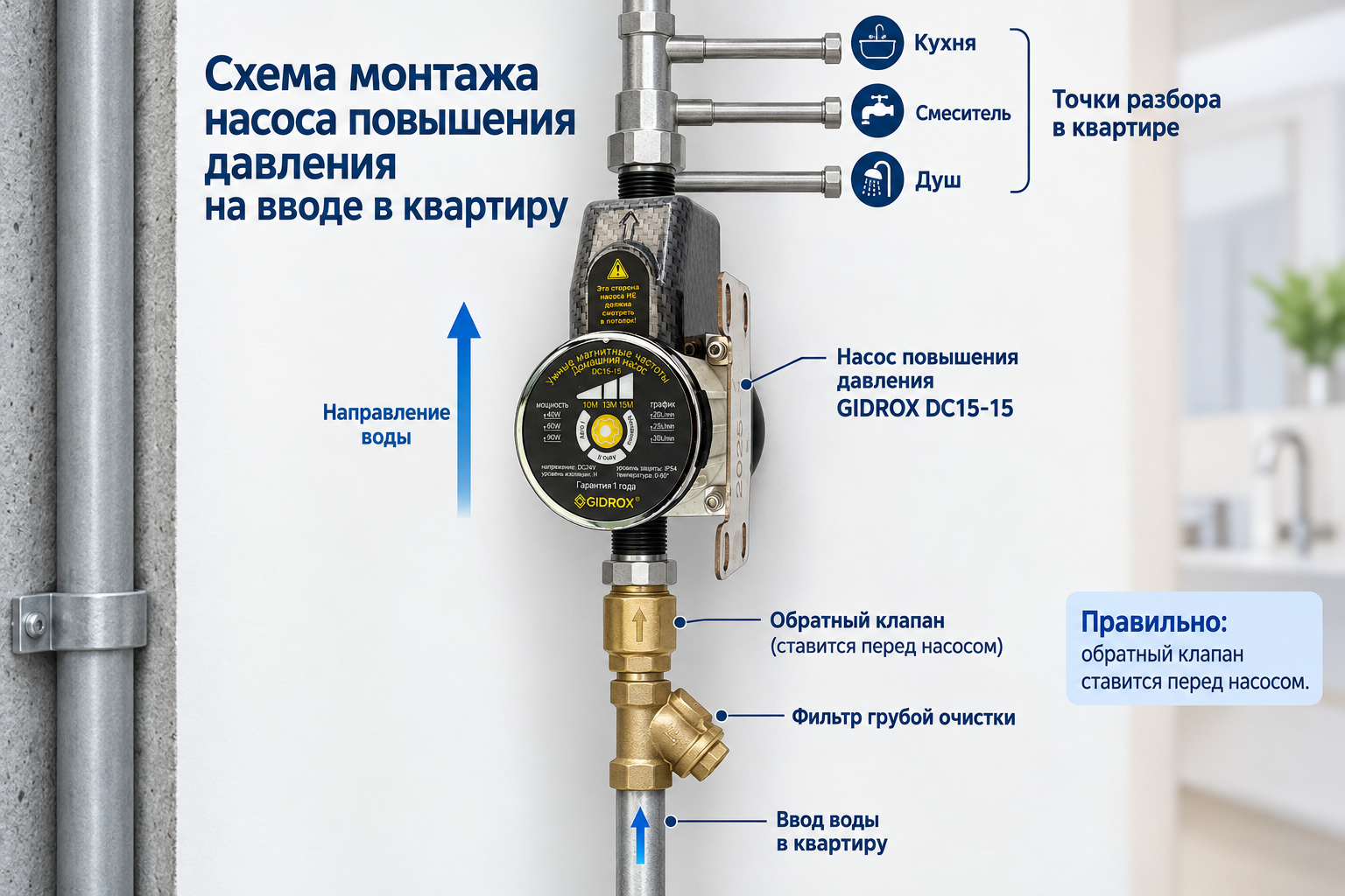 Схема монтажа насоса повышения давления на вводе в квартиру с указанием правильного места установки обратного клапана перед насосом
