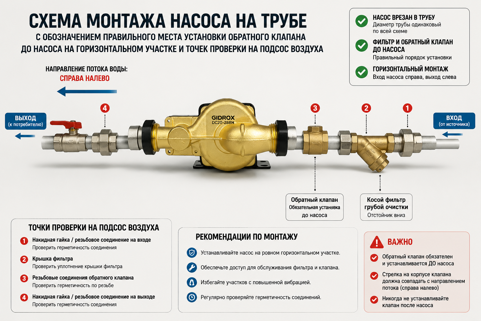 Схема монтажа насоса на трубе с обозначением правильного места установки обратного клапана до насоса на горизонтальном участке и точек проверки на подсос воздуха.