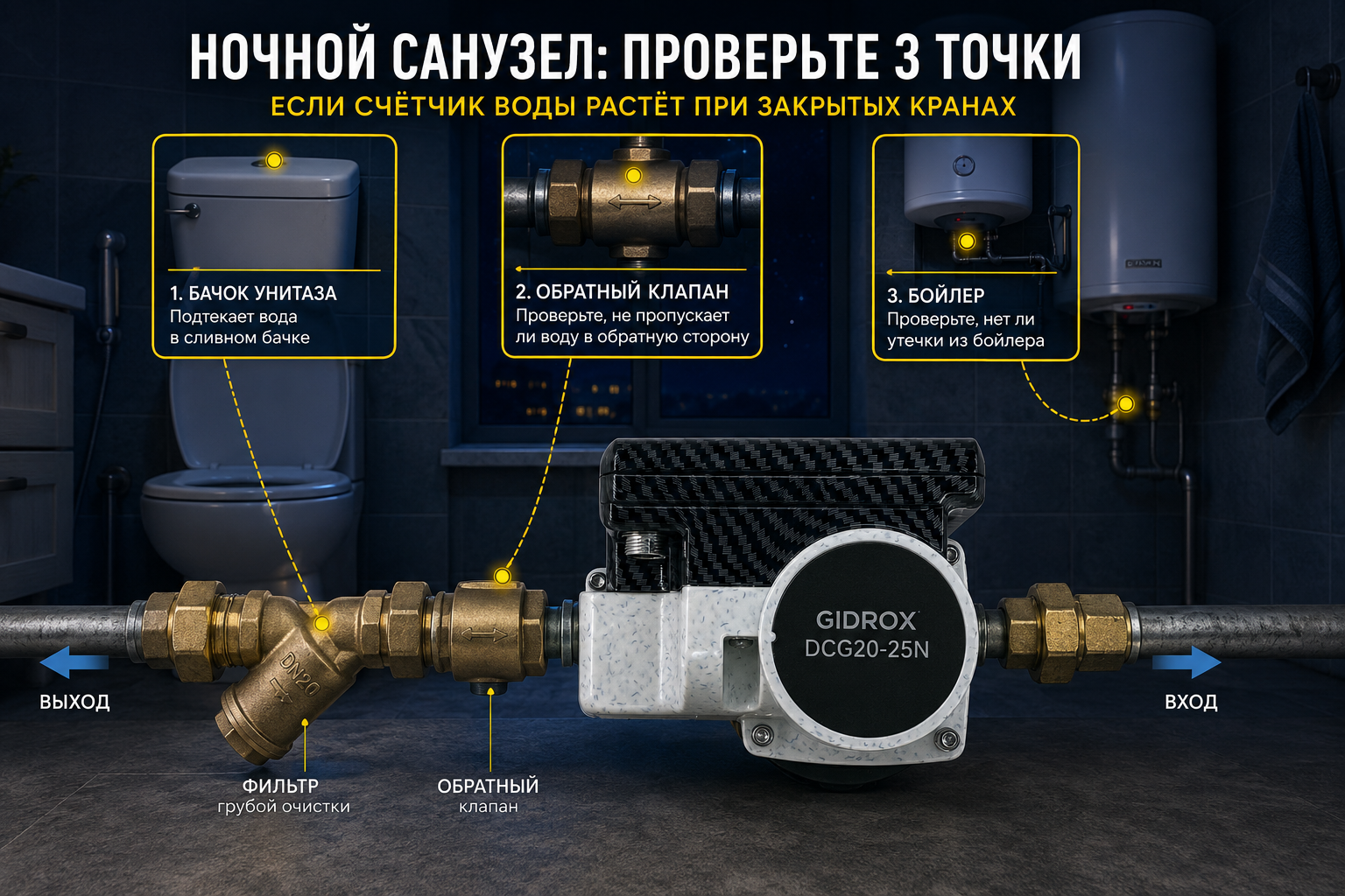 Ночной санузел крупным планом на счётчике воды с подсвеченными точками проверки — бачок унитаза, обратный клапан перед насосом и бойлер.