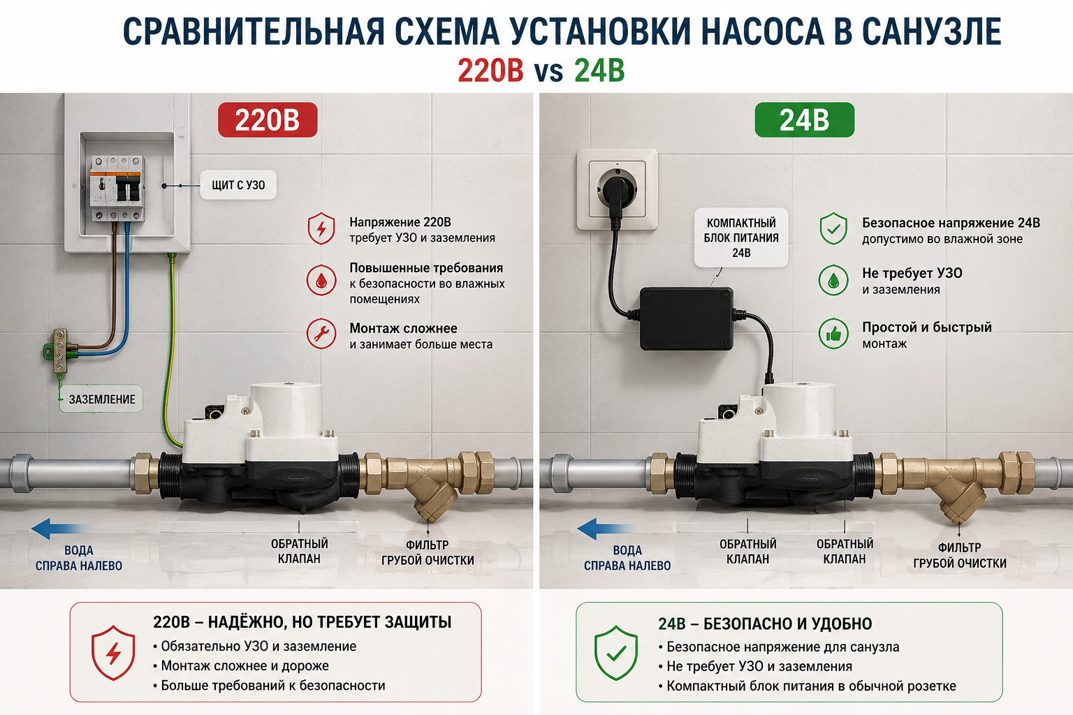 сравнительная схема установки насоса в санузле — слева 220В с щитом УЗО и заземляющим проводом, справа 24В с компактным блоком питания в обычной розетке