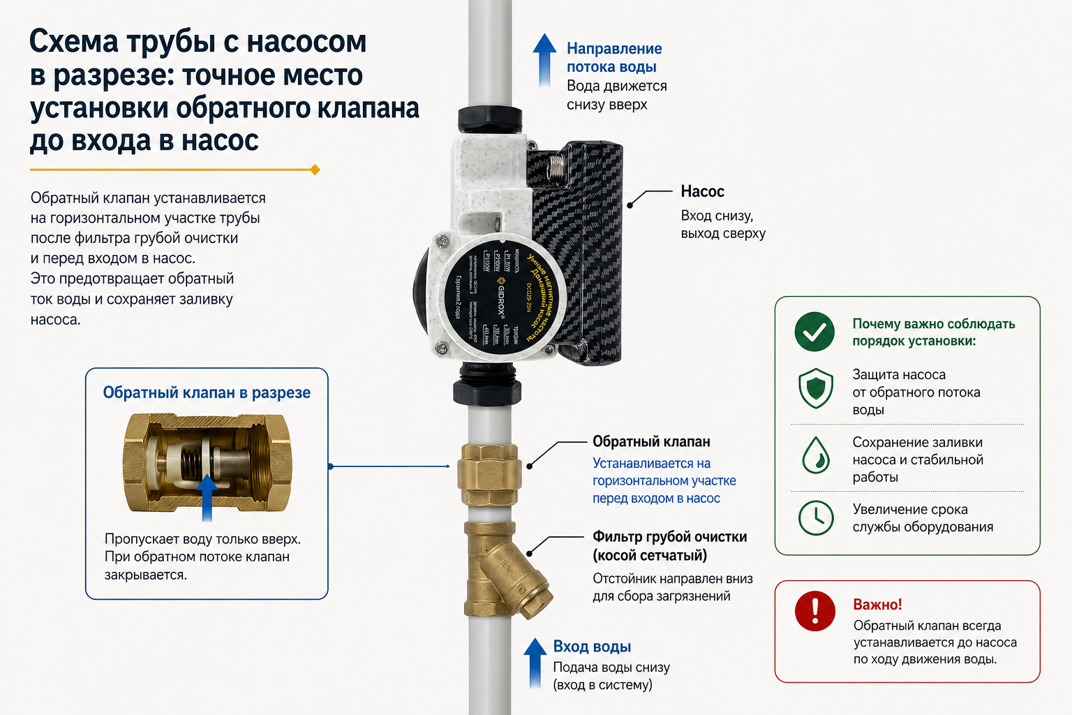 Схема трубы с насосом в разрезе, показывающая точное место установки обратного клапана на горизонтальном участке до входа в насос, с подписанными стрелками направления потока воды