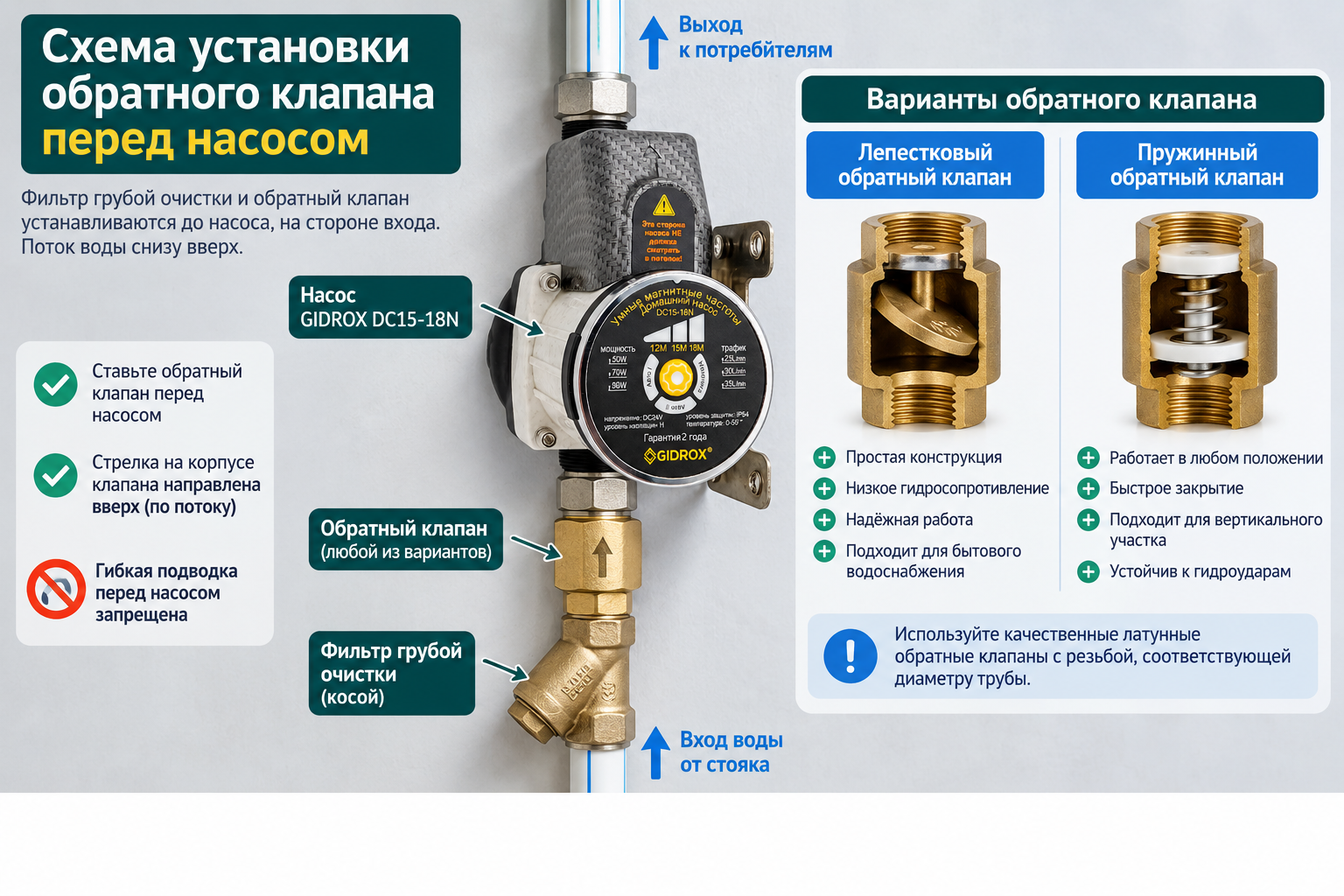 схема установки обратного клапана на горизонтальном участке трубы перед насосом с подписями лепесткового и пружинного вариантов