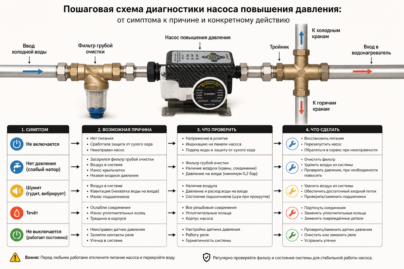 Пошаговая схема диагностики насоса повышения давления: от симптома (не включается / нет давления / шумит / течёт / не выключается) к причине и конкретному действию — визуальный алгоритм на одном листе
