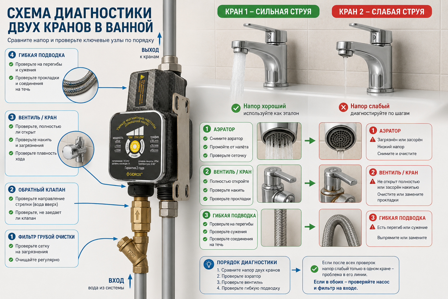 Схема диагностики двух кранов в ванной со стрелками-подсказками: где проверить аэратор, вентиль и гибкую подводку, и сравнение сильной струи воды со слабой