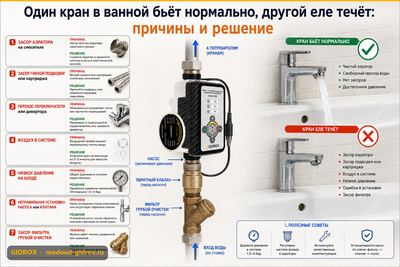 Один кран в ванной бьёт нормально, другой еле течёт: причины и решение