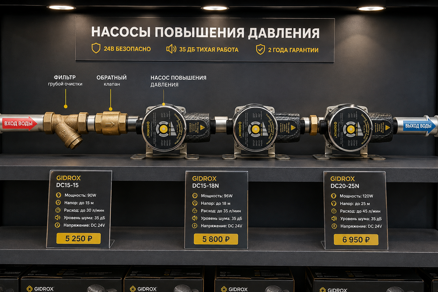 Полка магазина сантехники с разложенными насосами повышения давления разных моделей и ценниками с ключевыми характеристиками