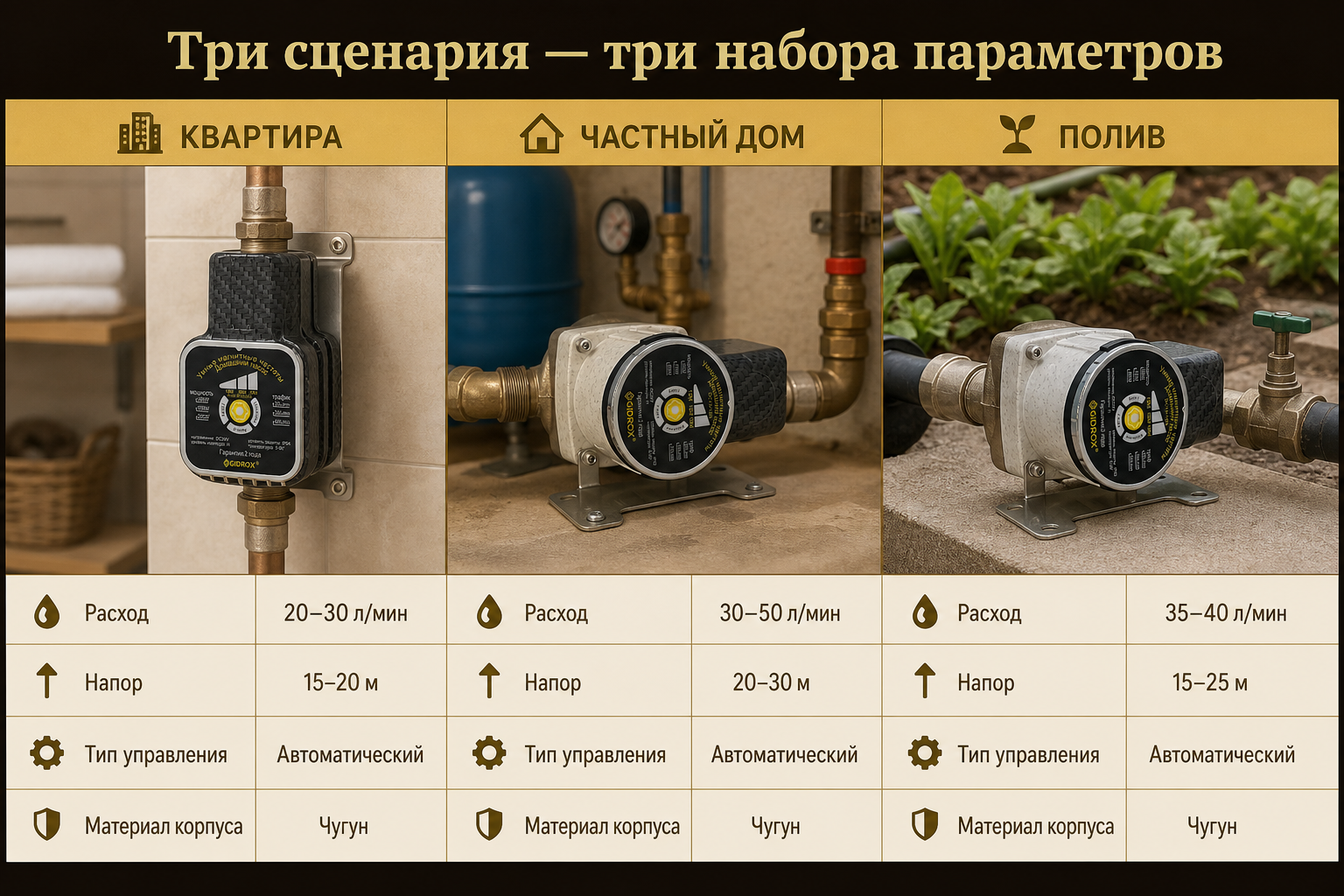 Таблица-инфографика «Три сценария — три набора параметров»: квартира / частный дом / полив с расходом, напором, типом управления и материалом корпуса для каждого