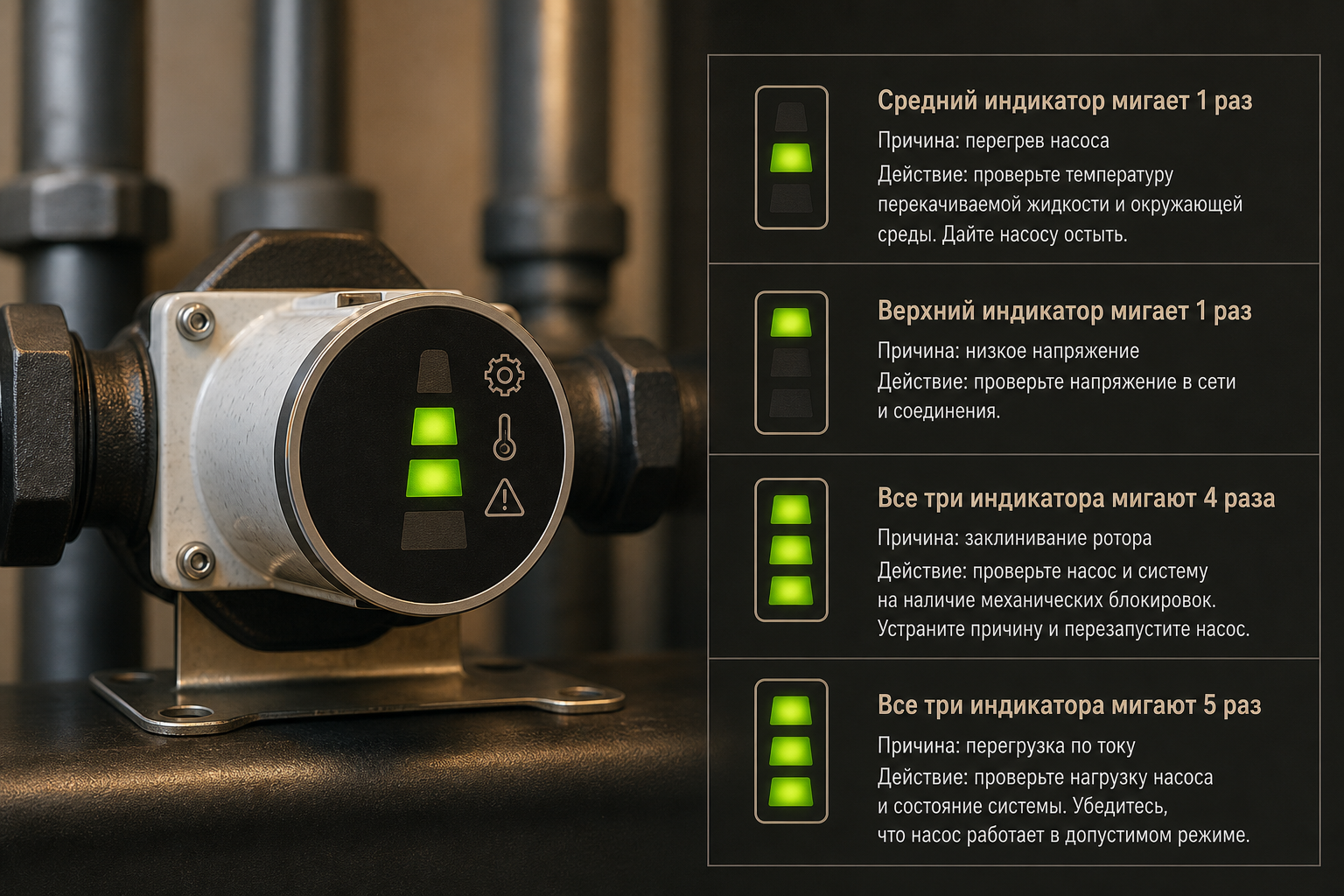 Инфографика крупным планом: панель управления насоса с тремя вертикальными зелёными шкалами, стрелки указывают на каждую, рядом расшифровка — средняя мигает одна / верхняя мигает одна / все три мигают