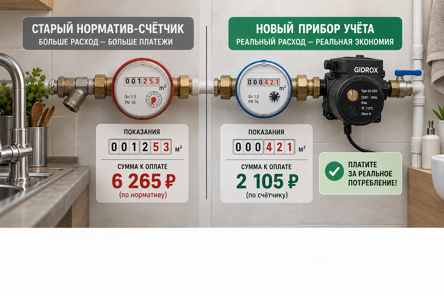 сравнительная схема на кухне или в санузле — старый норматив-счётчик рядом с новым прибором учёта и показаниями до/после, с акцентом на разницу в цифрах оплаты