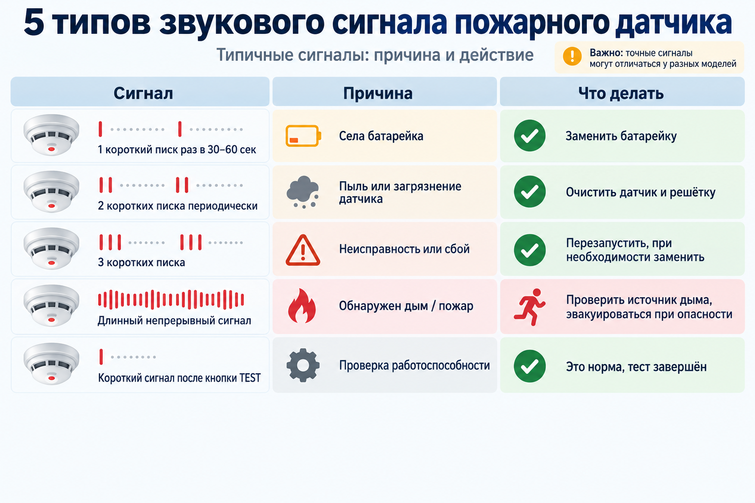 Таблица-инфографика с 5 типами звукового сигнала пожарного датчика и соответствующей причиной/действием для каждого