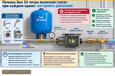 Почему бак 24 литра включает насос при каждом кране: настройка давления