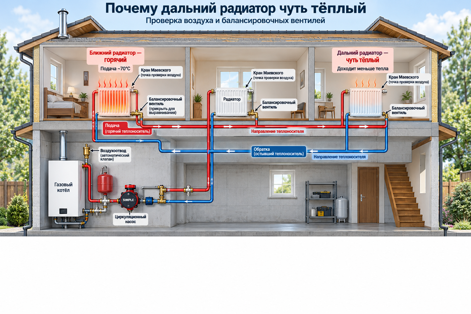 Схема дома в разрезе с контуром отопления, где показана разница температур между ближним горячим и дальним чуть тёплым радиатором, с указанием точек проверки воздуха и балансировочных вентилей