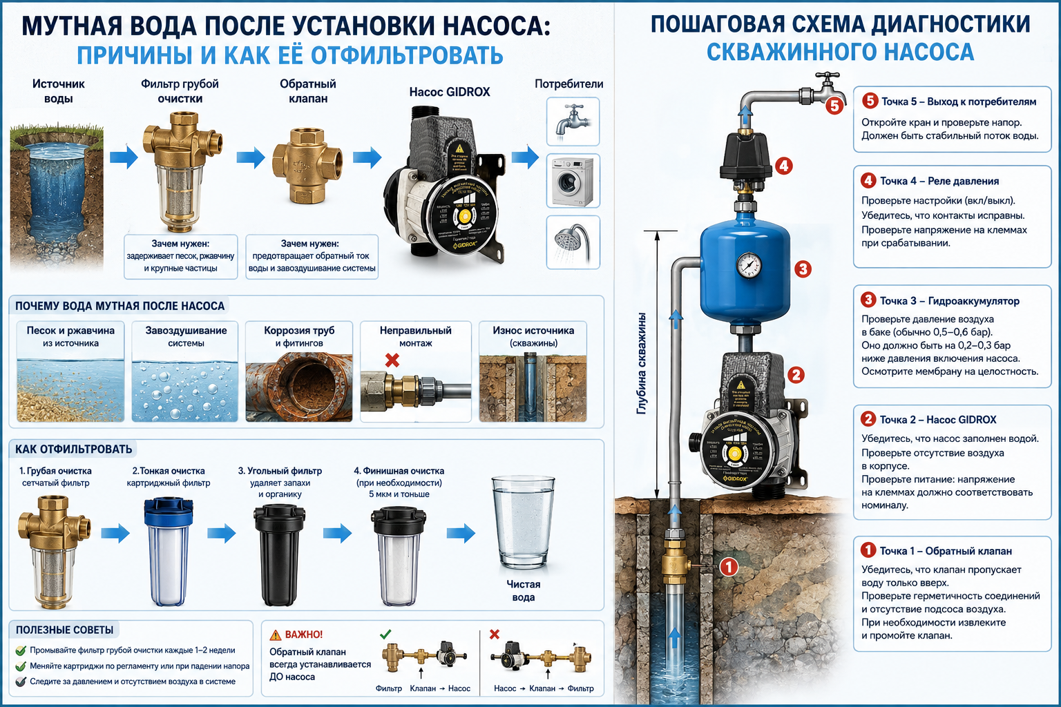 пошаговая схема диагностики скважинного насоса — реле давления, гидроаккумулятор с манометром и обратный клапан на входе в насос, с указанием точки проверки на каждом узле