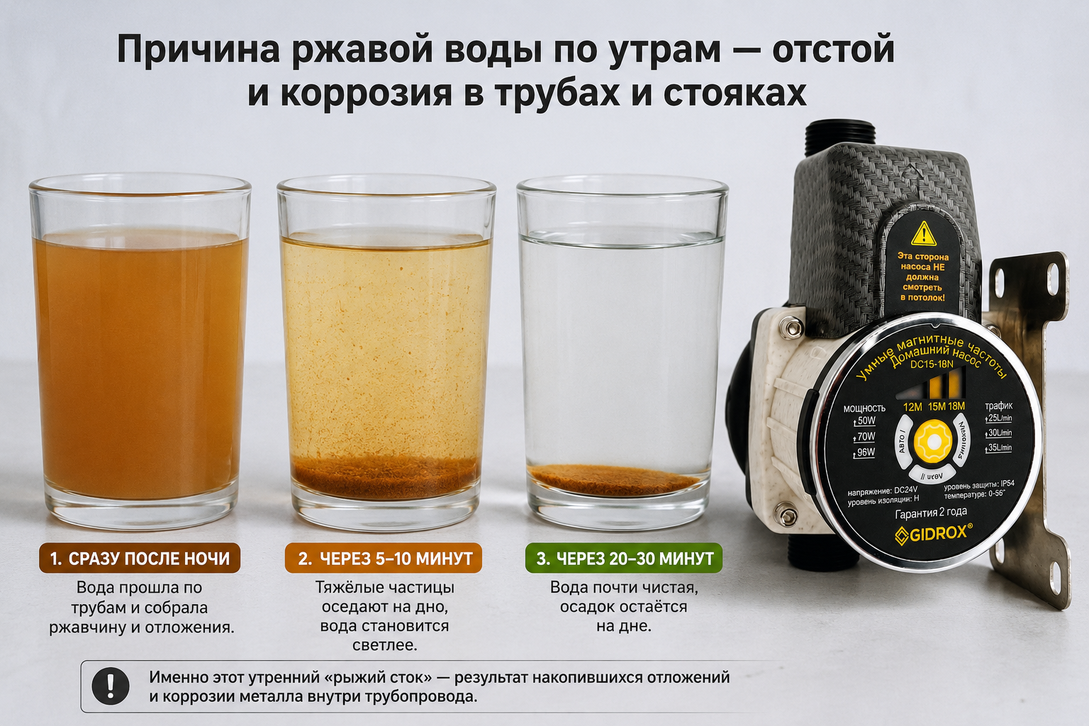 Три прозрачных стакана с водой разного цвета и степени отстоя рядом друг с другом для наглядного сравнения причины ржавчины