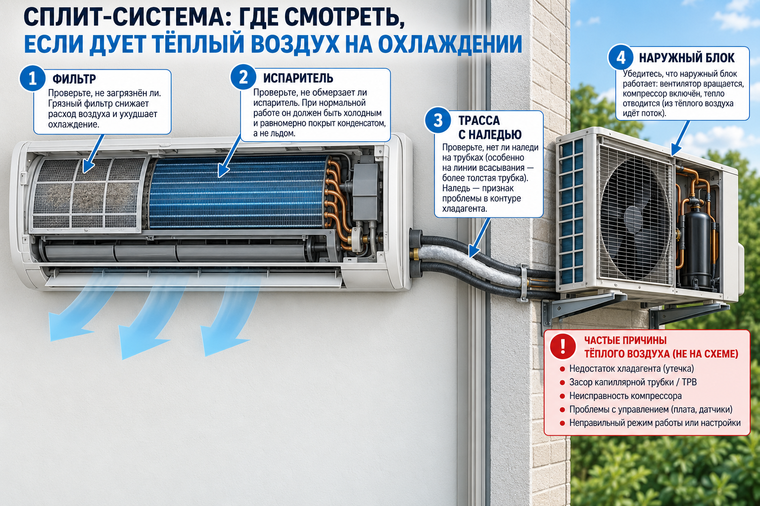 Схема-разрез сплит-системы с подписанными точками проверки — фильтр, испаритель, трасса с наледью, наружный блок — где именно смотреть при тёплом воздухе на охлаждении