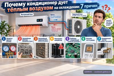 Почему кондиционер дует тёплым воздухом на охлаждении: 7 причин