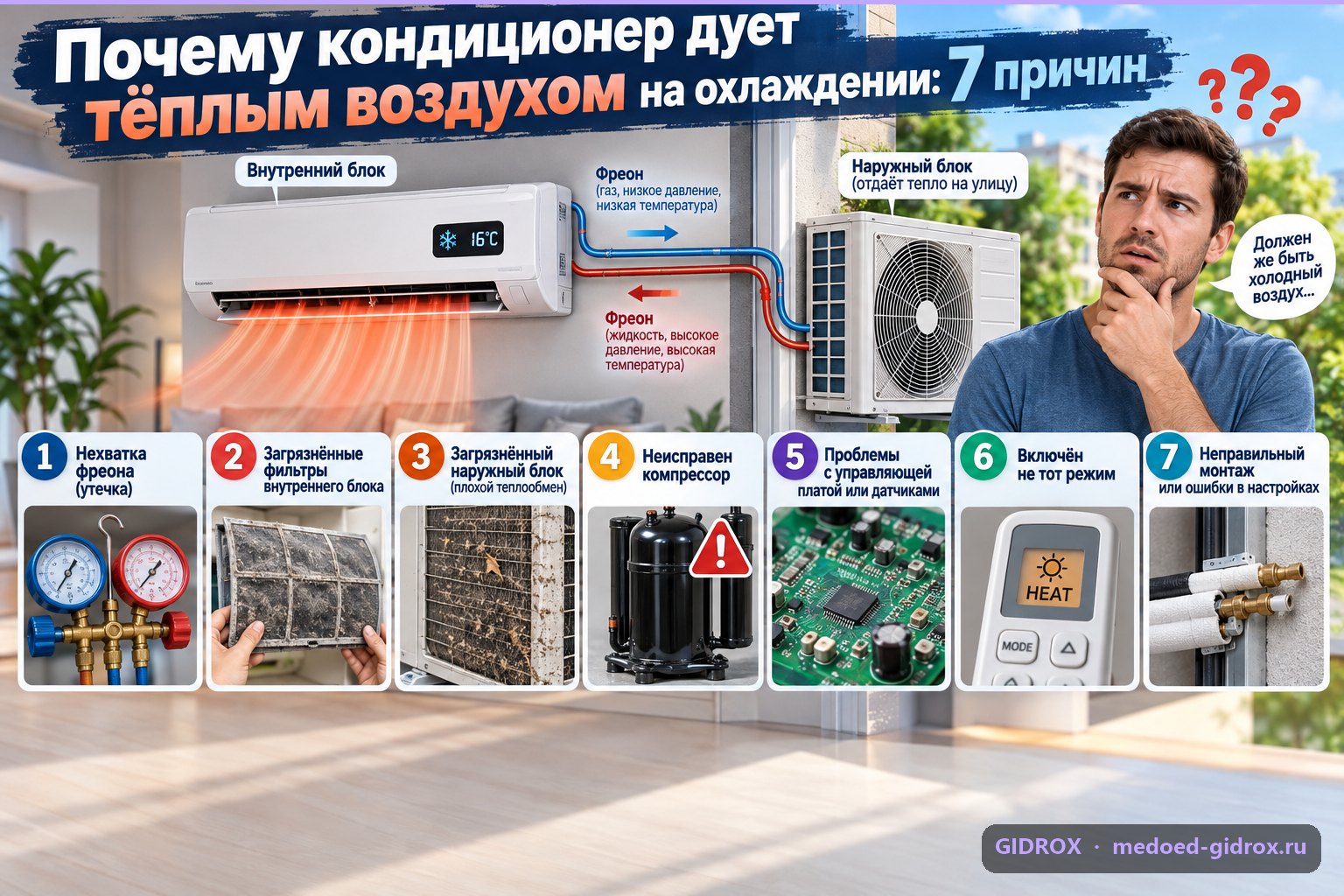Почему кондиционер дует тёплым воздухом на охлаждении: 7 причин