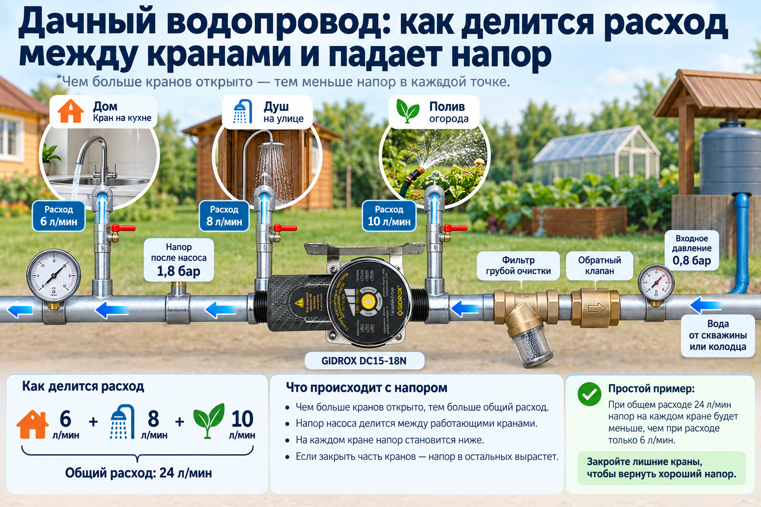схема дачного водопровода с точками разбора (дом, душ, полив), на которой показано как расход делится между открытыми кранами и падает общий напор