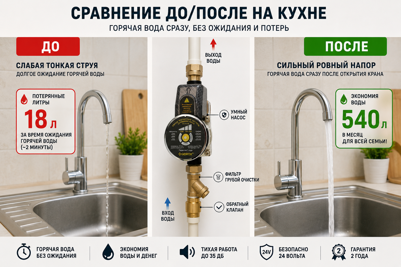 Сравнение до/после на кухне — слабая тонкая струя из крана с цифрой потерянных литров за время ожидания горячей воды слева, и сильный ровный напор сразу после открытия крана справа