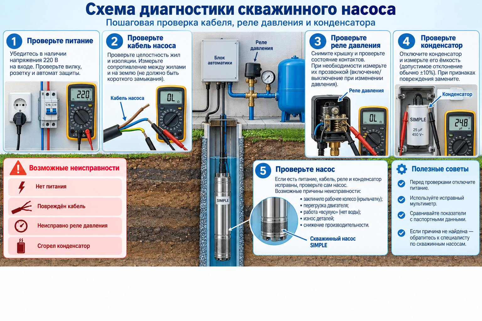Схема диагностики скважинного насоса — пошаговая инфографика с проверкой кабеля, реле давления и конденсатора