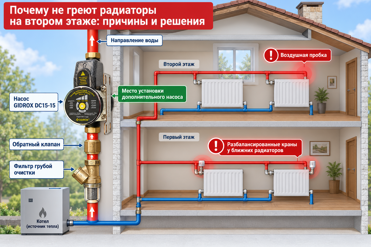 схема двухэтажного дома с контуром отопления, где подписаны точки проблем — воздушная пробка наверху, разбалансированные краны у ближних радиаторов, место установки дополнительного насоса на стояке