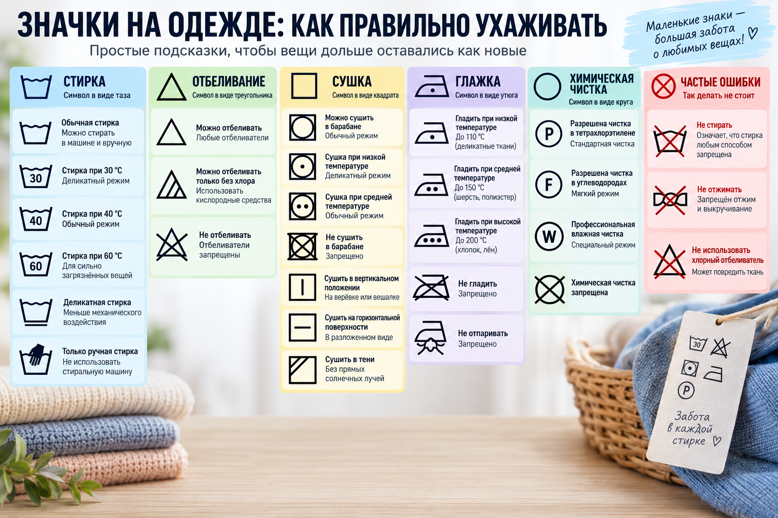 Таблица-инфографика с символами ухода на ярлыке одежды и расшифровкой каждого значка простым языком