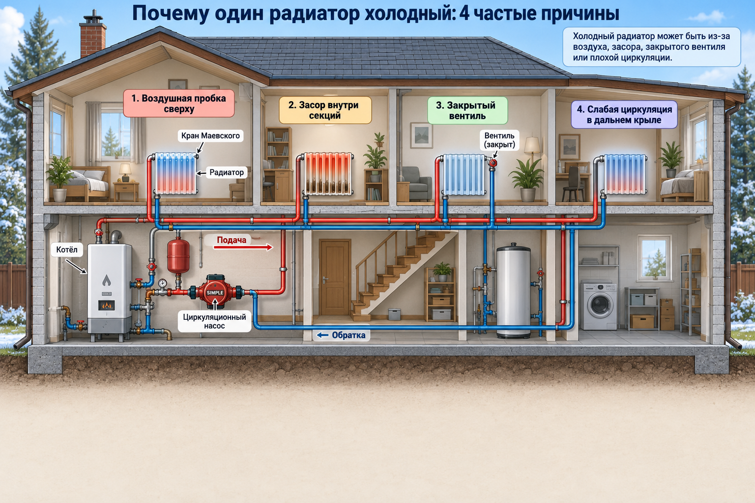 схема дома в разрезе с системой отопления, где подсвечены разные причины холодного радиатора — воздушная пробка сверху, засор внутри секций, закрытый вентиль и слабая циркуляция в дальнем крыле