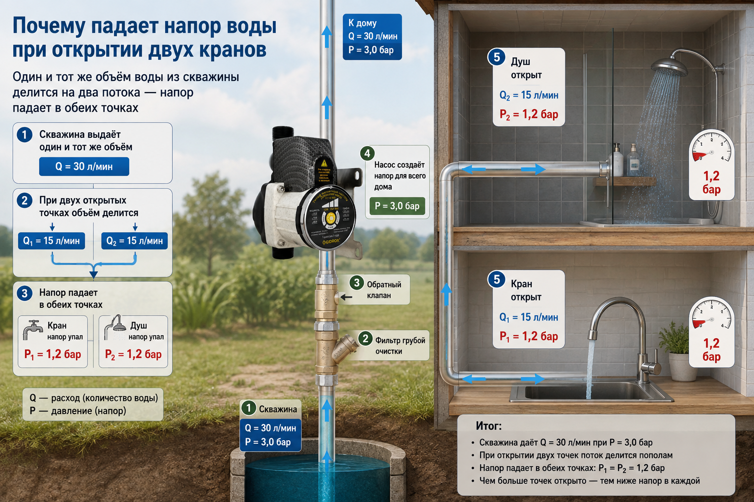 Схема дома с двумя открытыми точками разбора воды (кран и душ), на которой стрелками и цифрами показано, как один и тот же объём воды из скважины делится на два потока и падает напор в обеих точках.