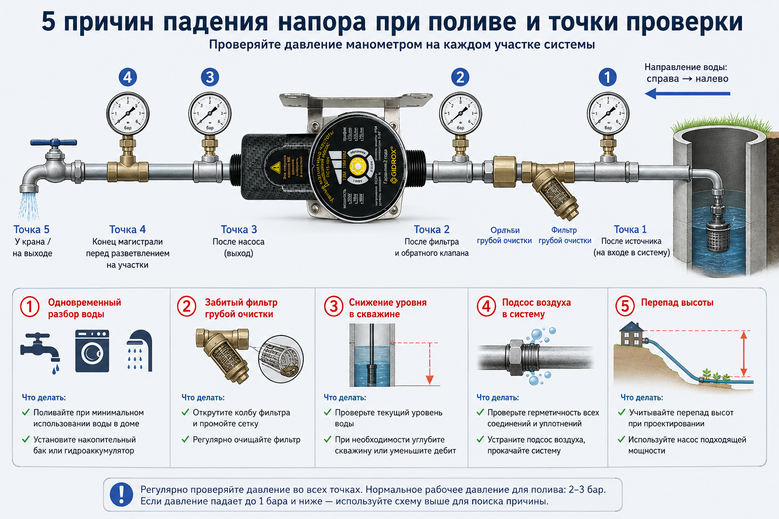 Схема-инфографика с пятью типичными причинами падения напора при поливе (одновременный разбор воды, забитый фильтр, снижение уровня в скважине, подсос воздуха, перепад высоты) и точками проверки маном