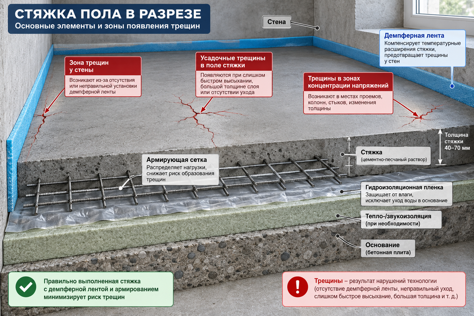 Схема свежезалитой стяжки в разрезе с демпферной лентой по периметру, армирующей сеткой и подписанными зонами появления трещин