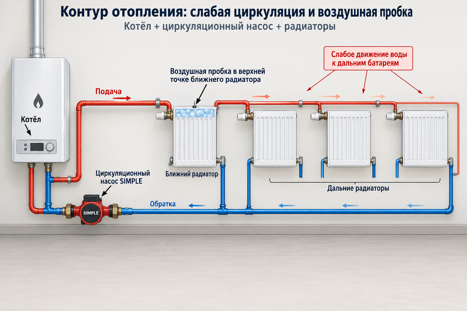 Схема контура отопления с котлом, циркуляционным насосом и радиаторами, где стрелками показано слабое движение воды к дальним батареям и воздушная пробка в верхней точке ближнего радиатора