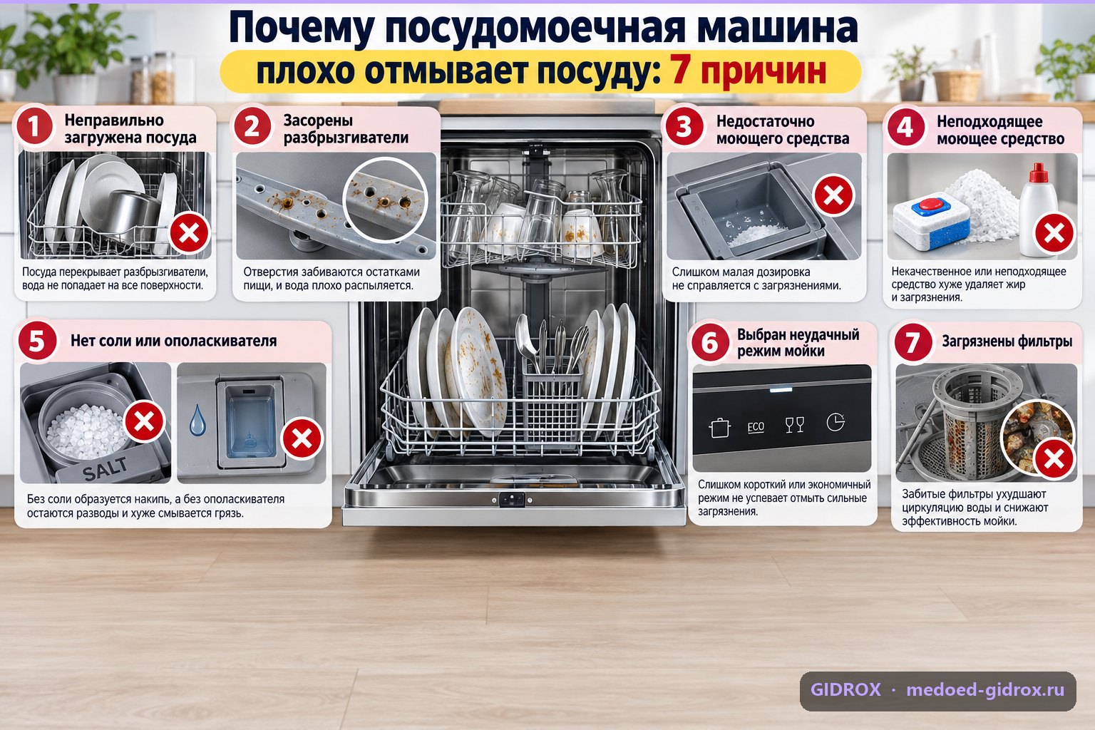Почему посудомоечная машина плохо отмывает посуду: 7 причин