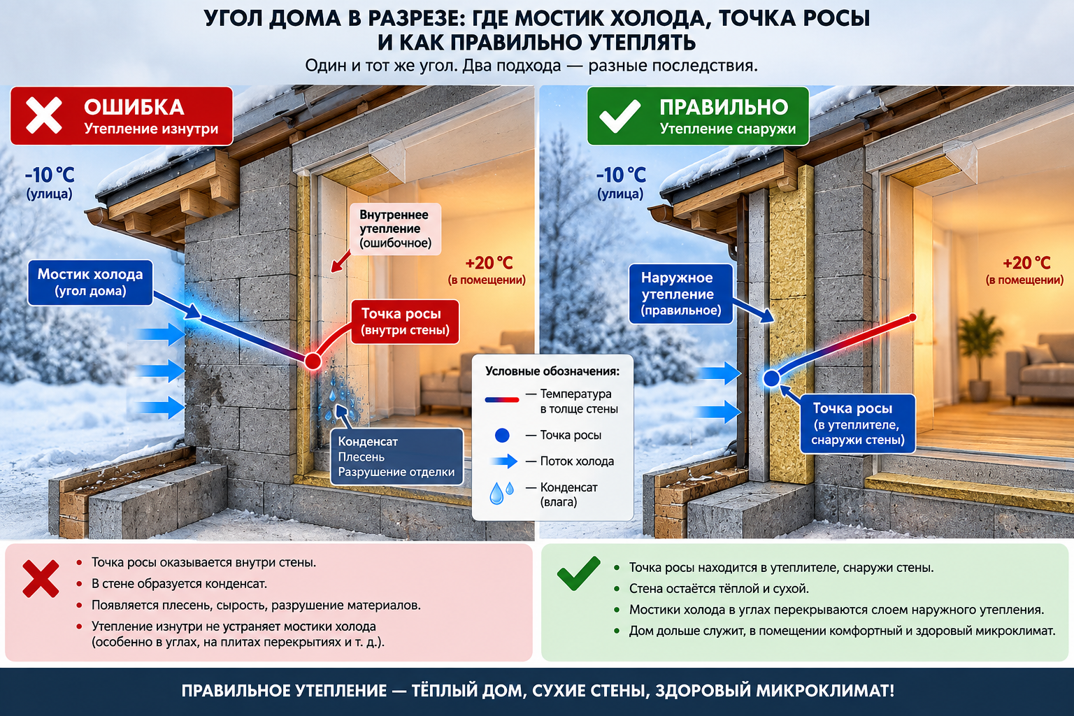 Схема угла дома в разрезе с указанием мостика холода, точки росы и правильного слоя наружного утепления по сравнению с ошибочным утеплением изнутри