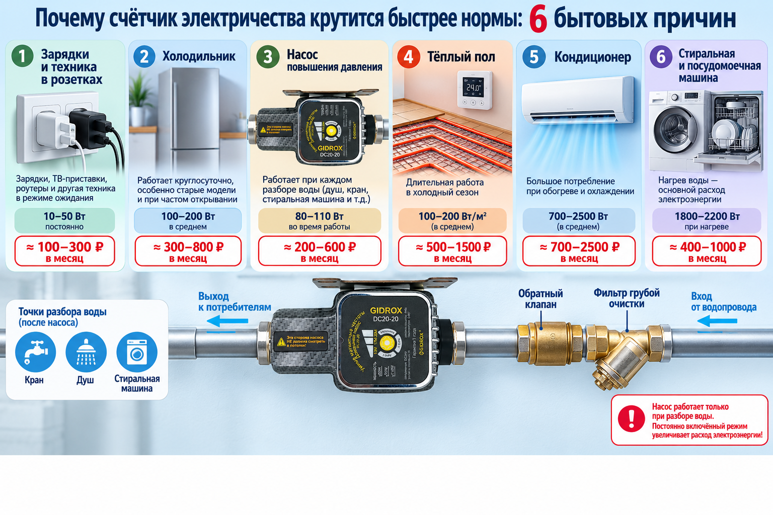 Инфографика с 5-6 бытовыми источниками перерасхода электричества (розетка с зарядками, холодильник, насос, тёплый пол, кондиционер) и примерной прибавкой в рублях у каждого