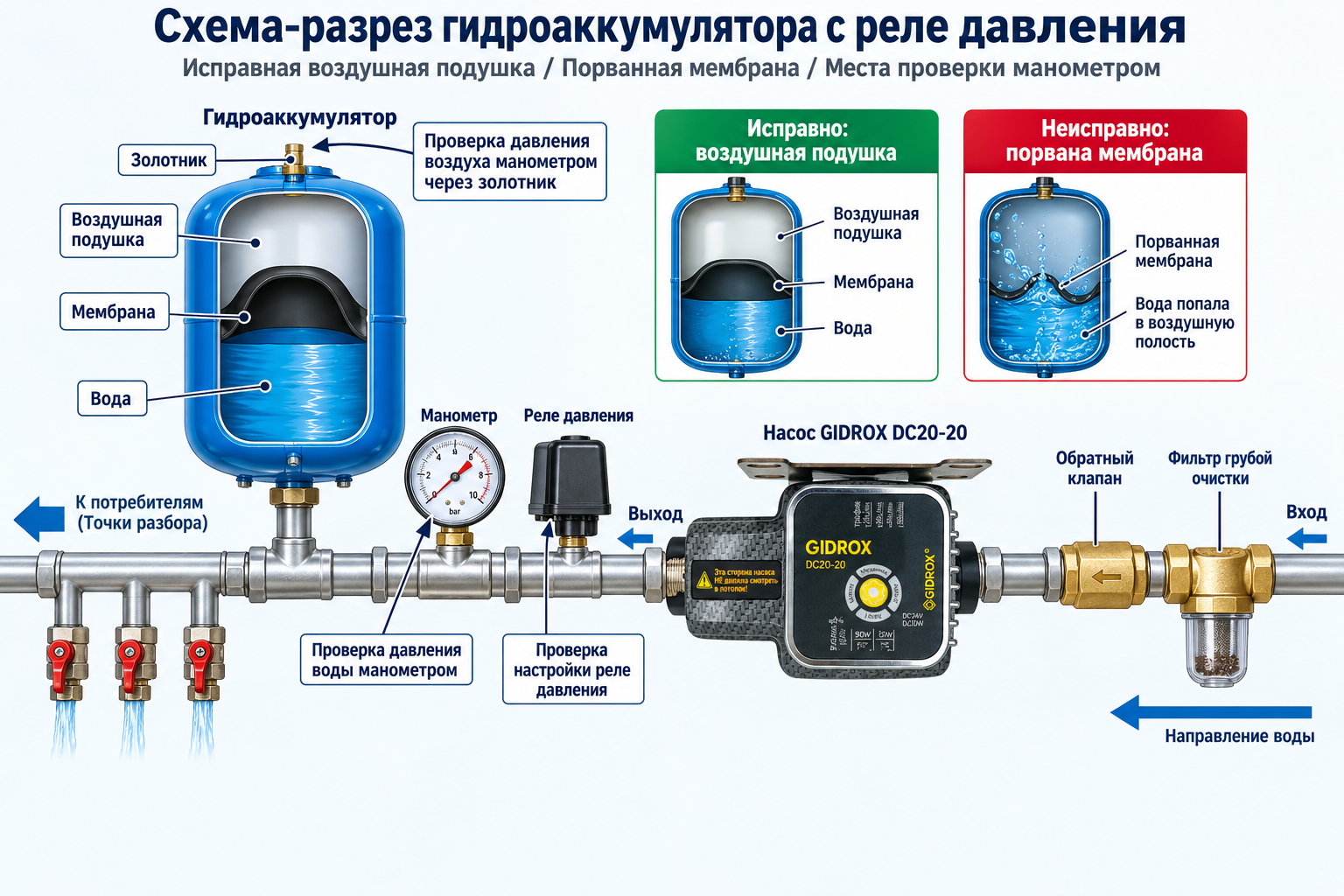 Схема-разрез гидроаккумулятора с реле давления, показывающая исправную воздушную подушку против порванной мембраны и места проверки манометром
