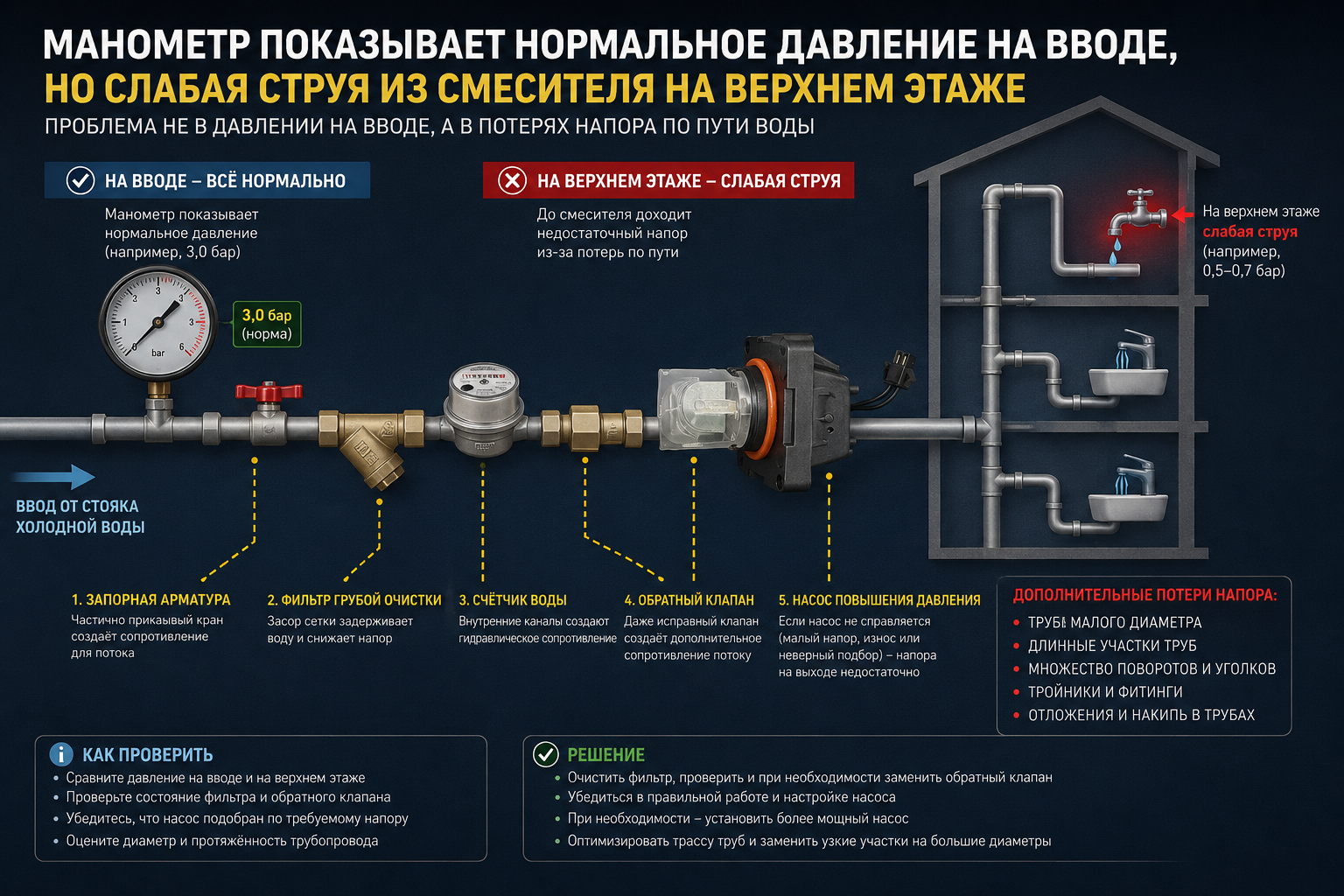 Схема-сравнение: манометр показывает нормальное давление на вводе в квартиру, но слабая струя из смесителя на верхнем этаже, с указанием точек потери напора по пути трубы