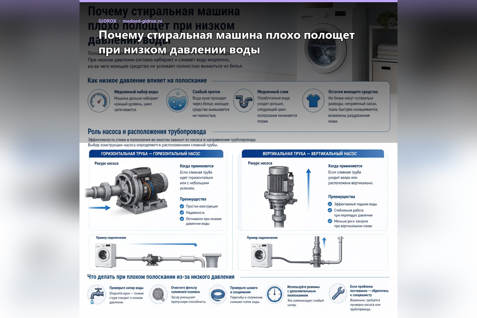 Почему стиральная машина плохо полощет при низком давлении воды