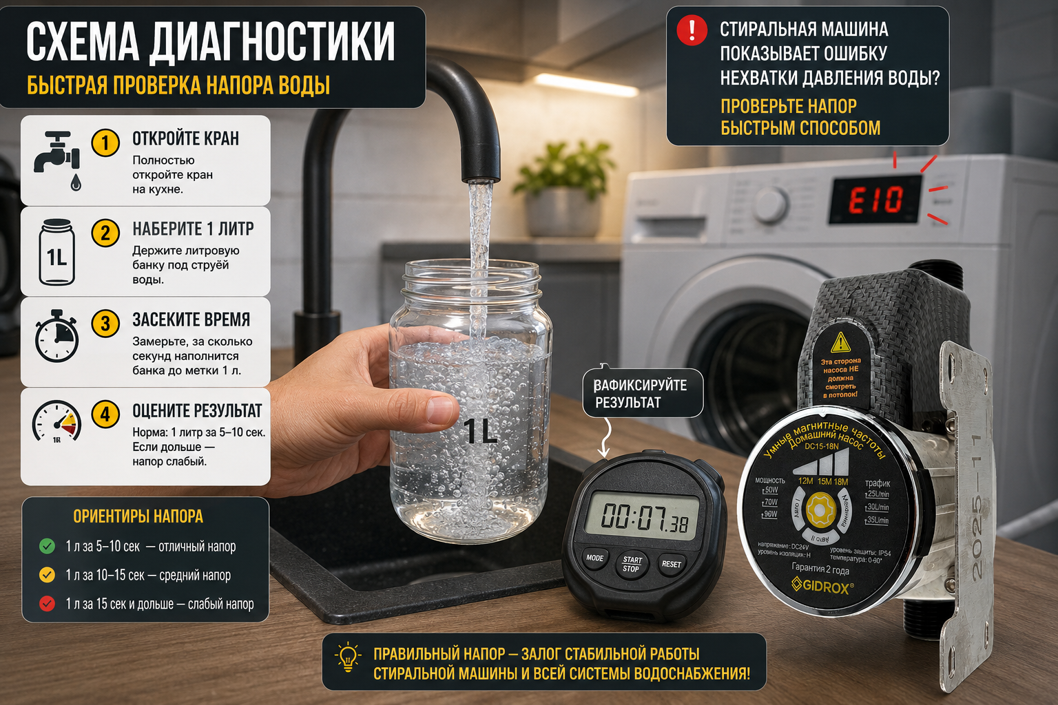 Схема диагностики: рука держит литровую банку под кухонным краном с секундомером рядом, а на заднем плане стиральная машина с мигающим значком ошибки на дисплее — визуальная инструкция быстрой проверк
