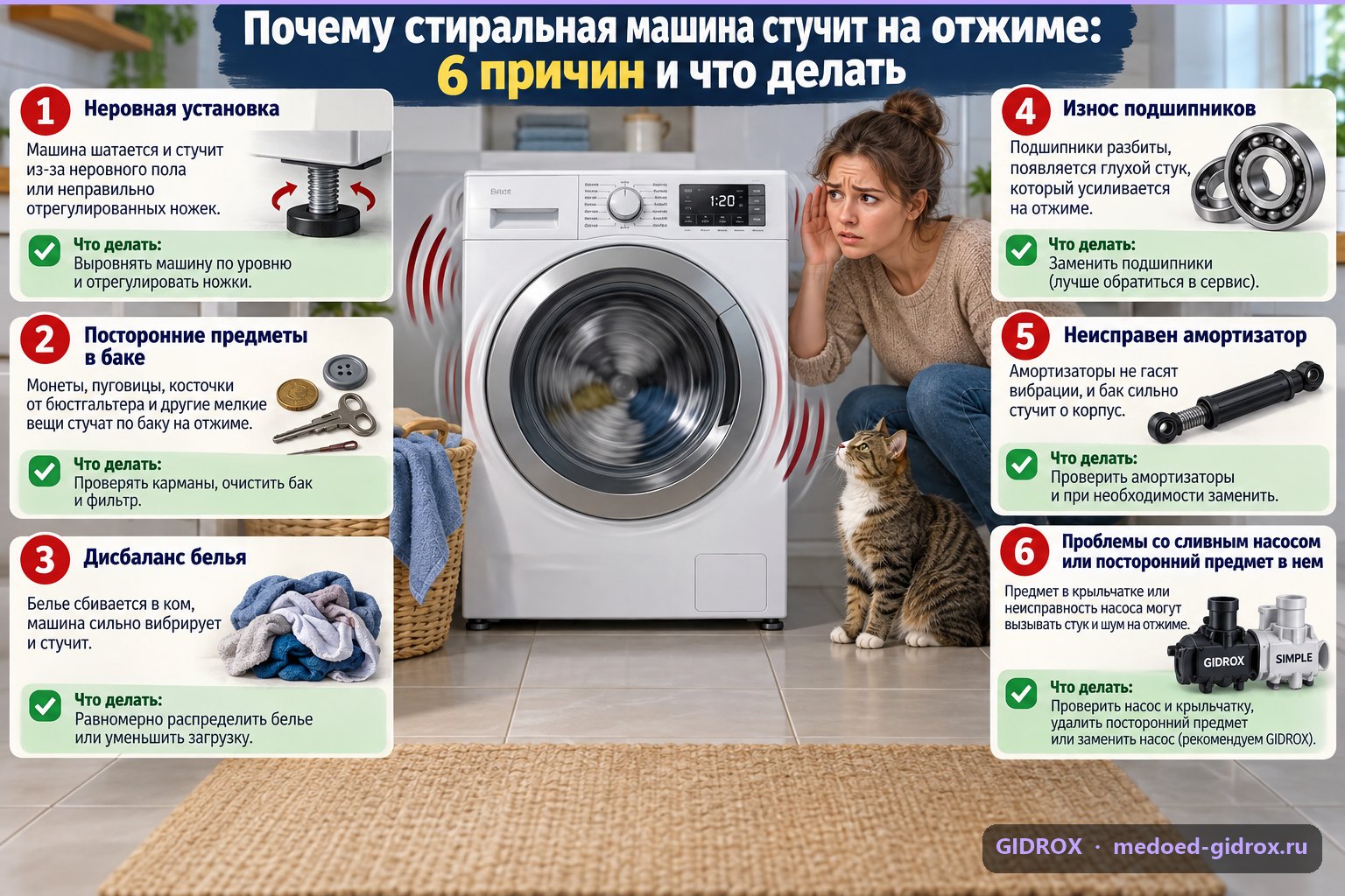 Почему стиральная машина стучит на отжиме: 6 причин и что делать