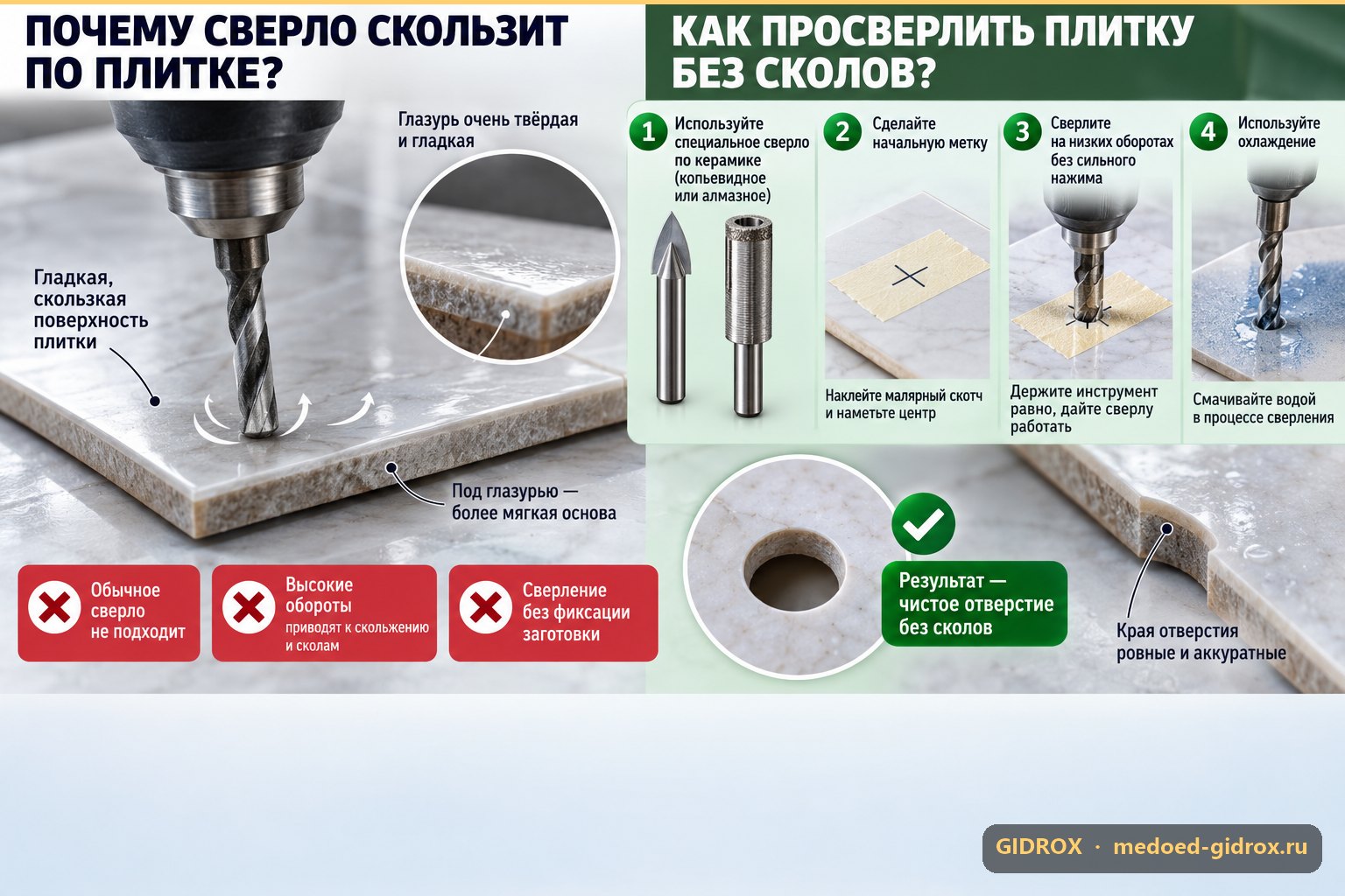 Почему сверло скользит по плитке и как просверлить её без сколов