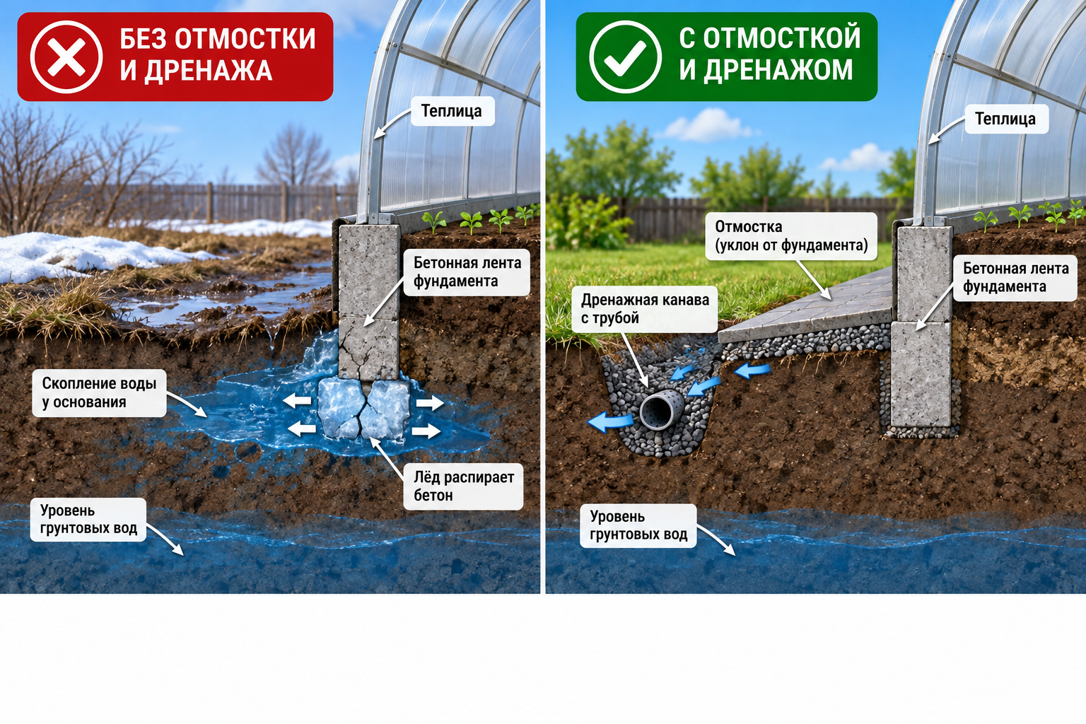Схема в разрезе: фундамент теплицы без отмостки и дренажа, вода скапливается у основания и превращается в лёд, распирающий бетон — рядом тот же разрез с отмосткой и дренажной канавой, где вода отведен