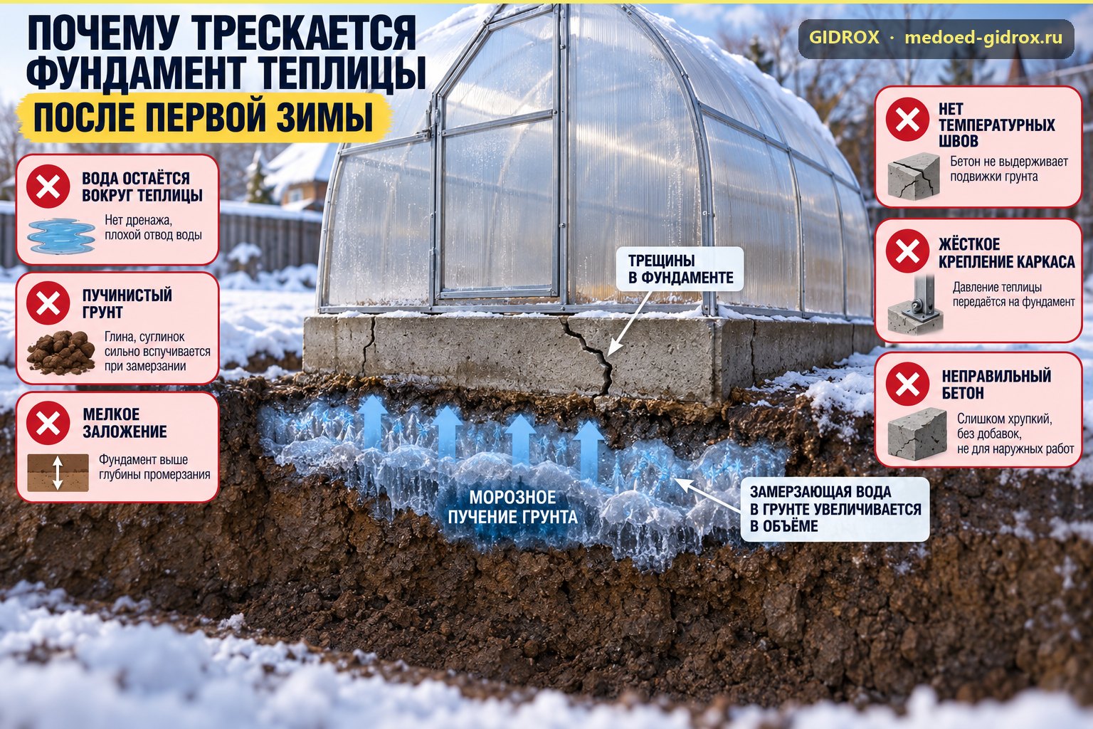 Почему трескается фундамент теплицы после первой зимы