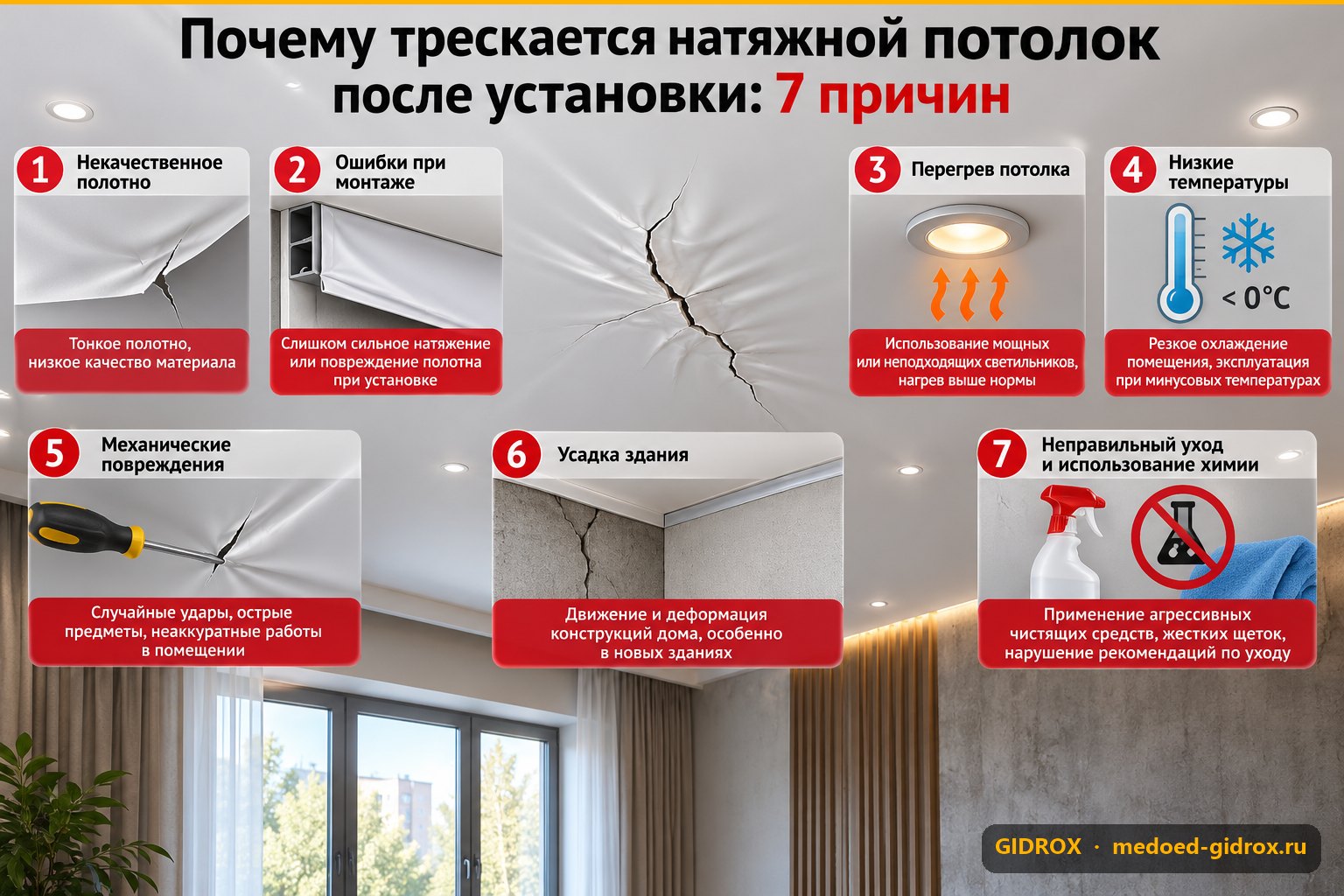 Почему трескается натяжной потолок после установки: 7 причин