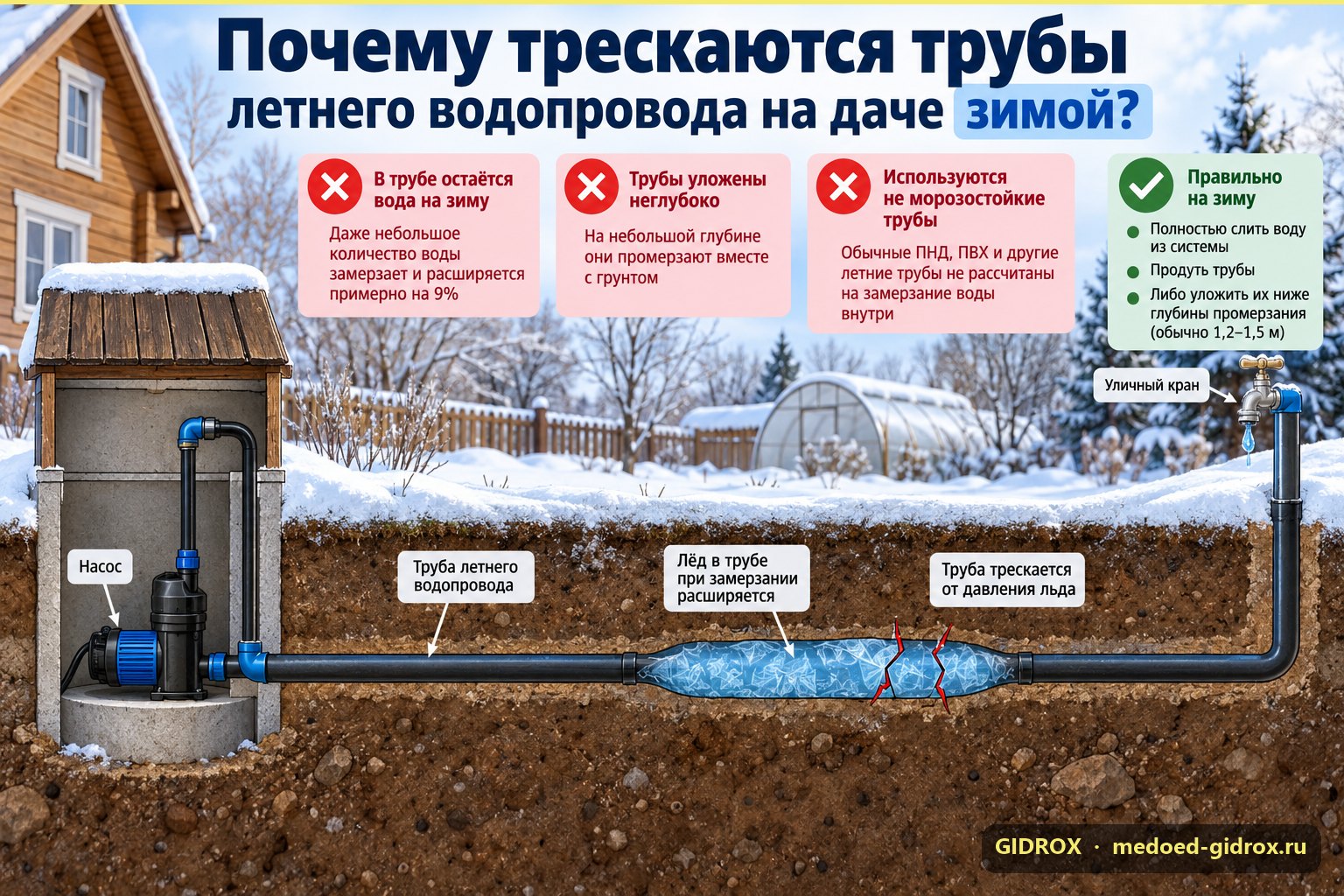 Почему трескаются трубы летнего водопровода на даче зимой