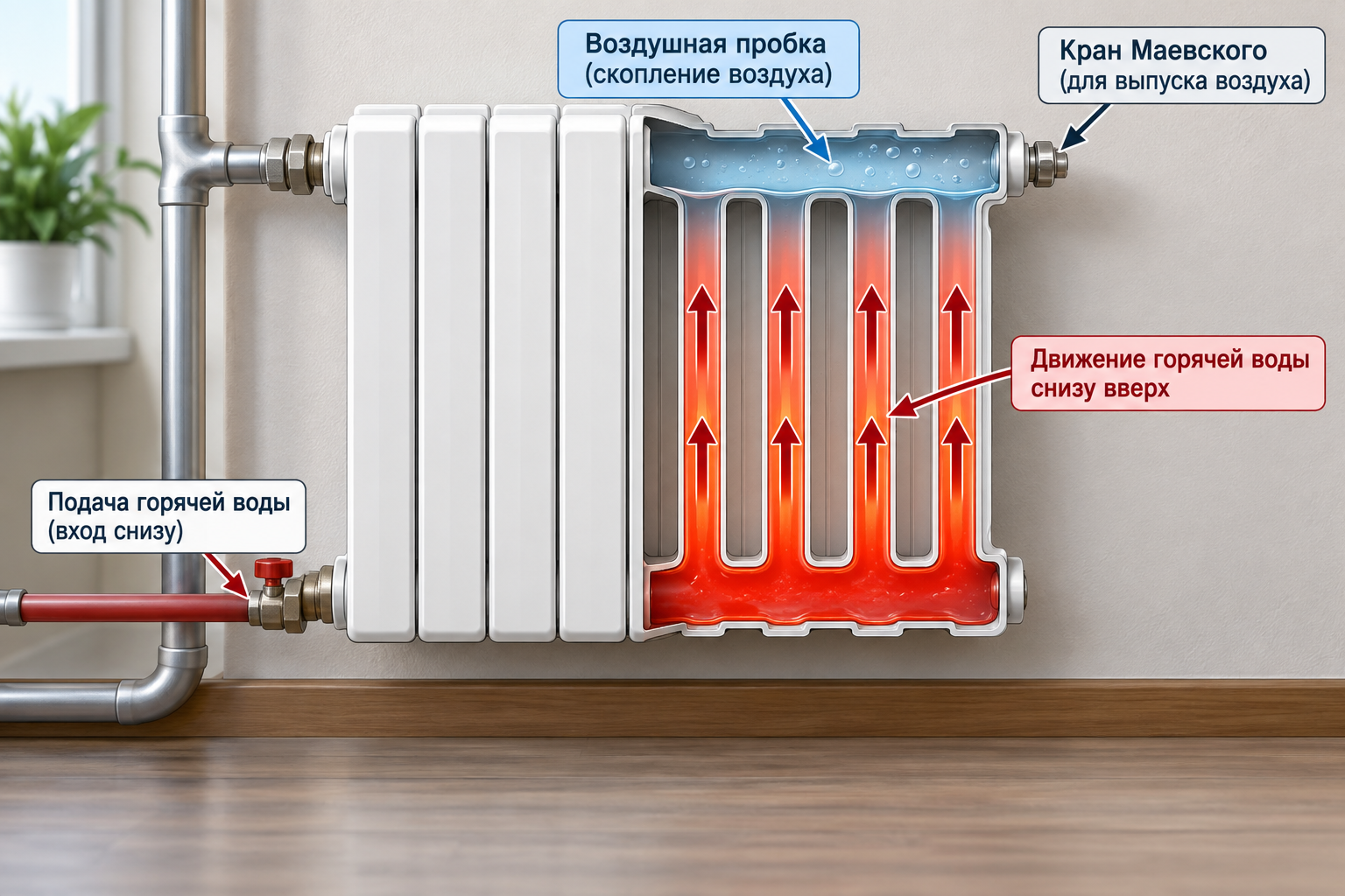 Схема радиатора в разрезе с указанием воздушной пробки вверху, крана Маевского и направления движения горячей воды снизу вверх